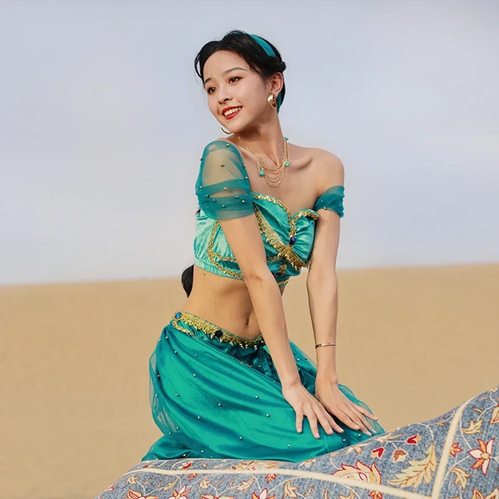 Halloween Festival Arabian Cosplay Princess Jasmine Costume Belly Dance Indian Bollywood Veil Top Pants Accessories Set Festival