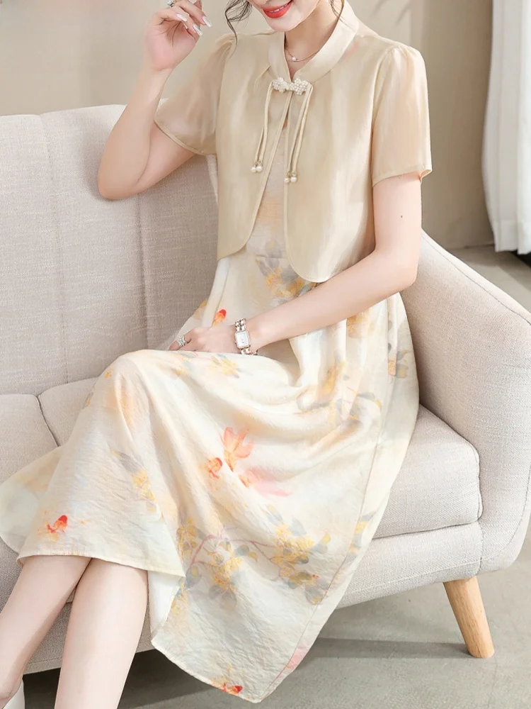 

Summer Faion Mommy Outfit ort Sve Chiffon Dr Set Traditional Chinese Sle Women's Clothing for Middle-Aged And Eld...