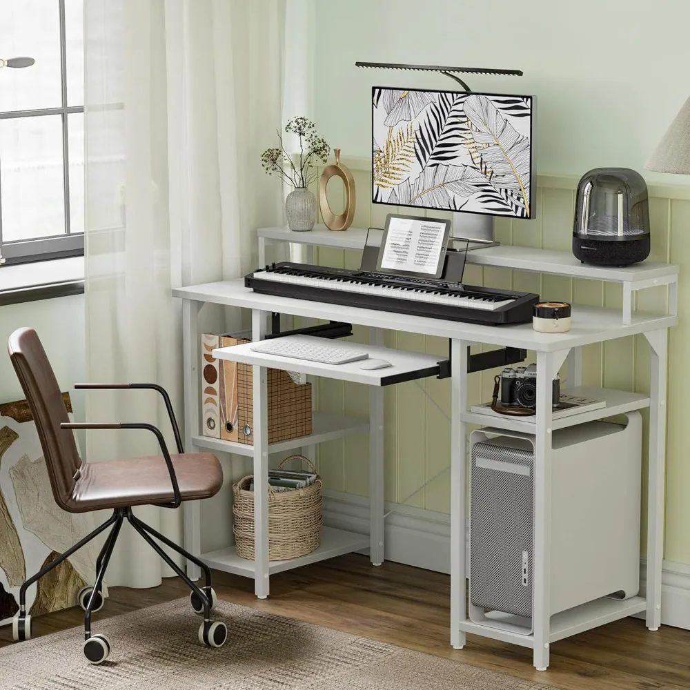 Computer Desk with Keyboard Tray, 47 Inch Office Desk with Monitor Stand and Storage Shelves, Music Studio Desk, Work Table Desk