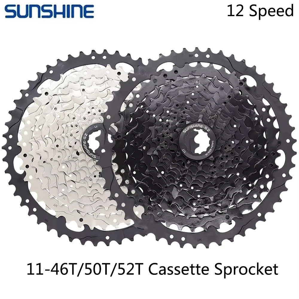 SUNSHINE 12 Speed Bike Cassette Sprocket 11-46/50/52T Mountain Bike Black Silvery Flywheel for Shimano Sram Bicycle Parts