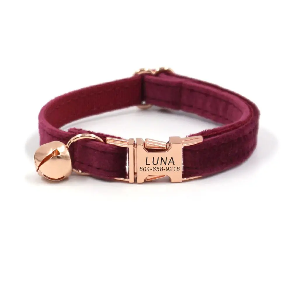 

Personalized Cat Collar with Bell, Customized Nameplate, ID Metal Buckle, Adjustable Wine Red Velvet Cat Collars with Bell