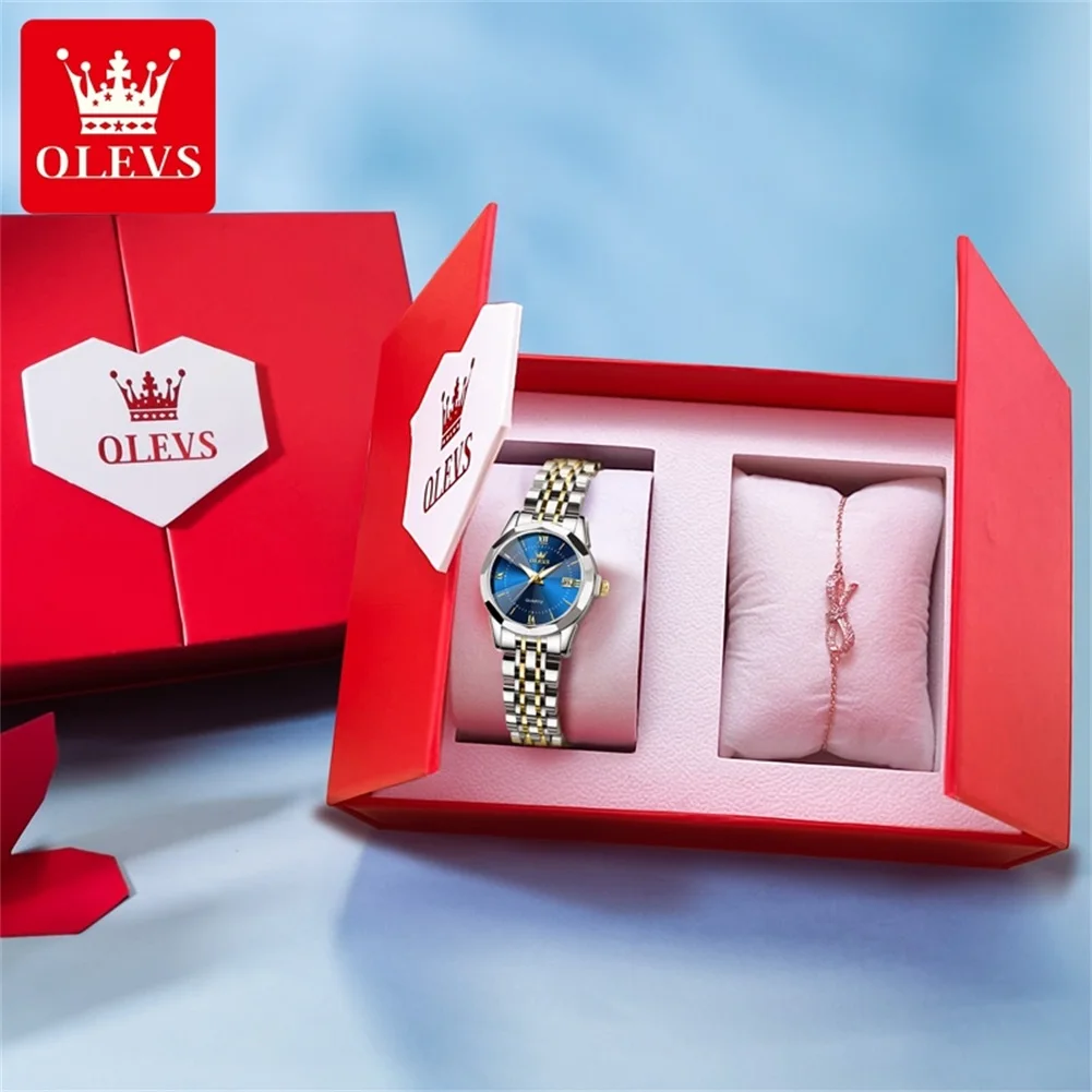 OLEVS-Relógio Quartzo Impermeável Feminino, Marca de Luxo, Pulseira Fashion, Conjunto Caixa de Presente, Calendário, Superfície Espelho Prismático