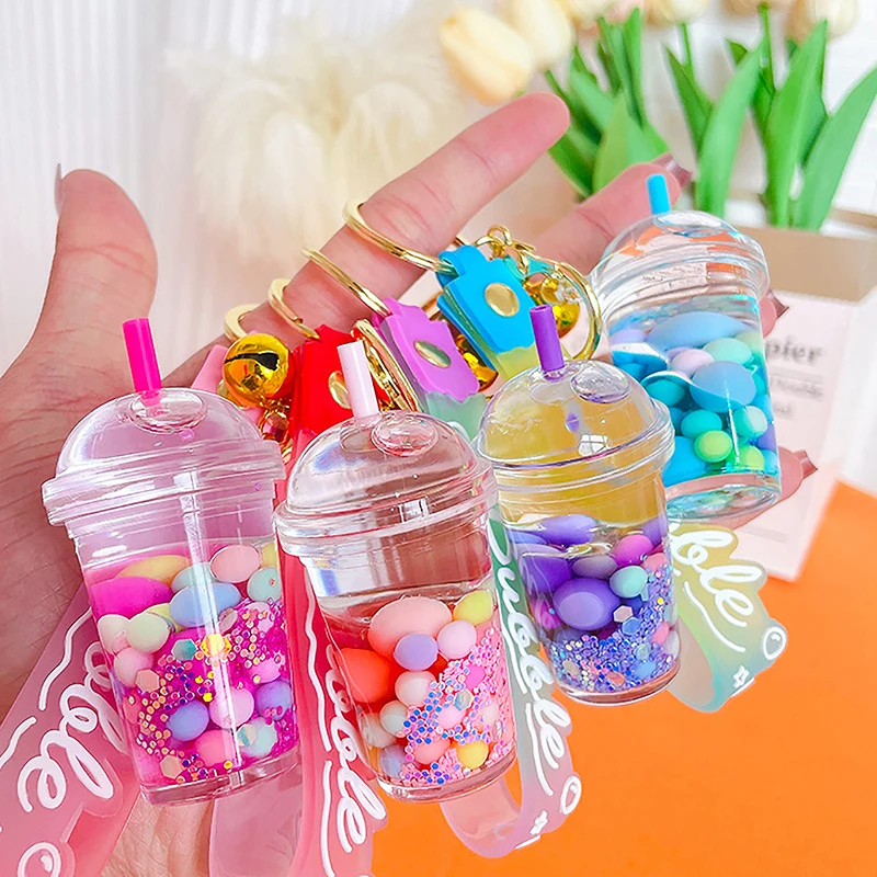 Cute Liquid Pearl Milk Tea Cup Astronaut Key Chain Creative Quicksand Floating Jelly Bean Keyring Backpack Pendant Keychain Gift