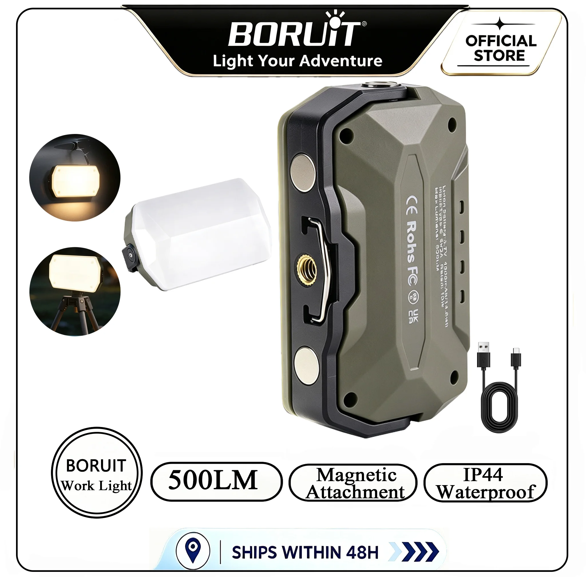 BORUiT K3 All‑Terrain Work Light 500LM Rechargeable 21700 4000mAh Magnetic Hanging Work Lamp Waterproof Emergency Camping Repair