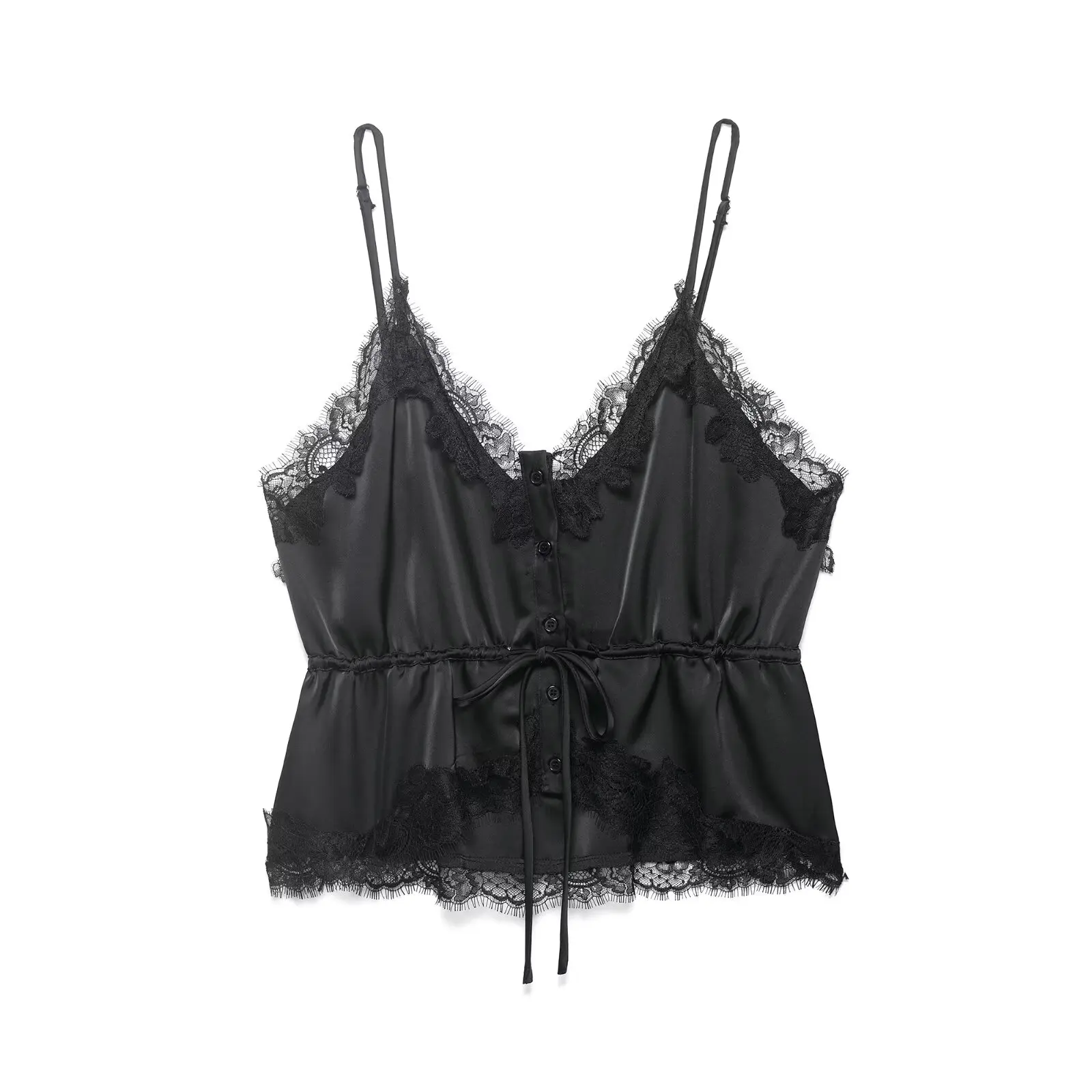 Women's Spaghetti Strap Tops Spring Summer Female Chic Lace Satin Suspender Tops Elegant Vacation Lace-Up Tops Lady Sexy Camisol