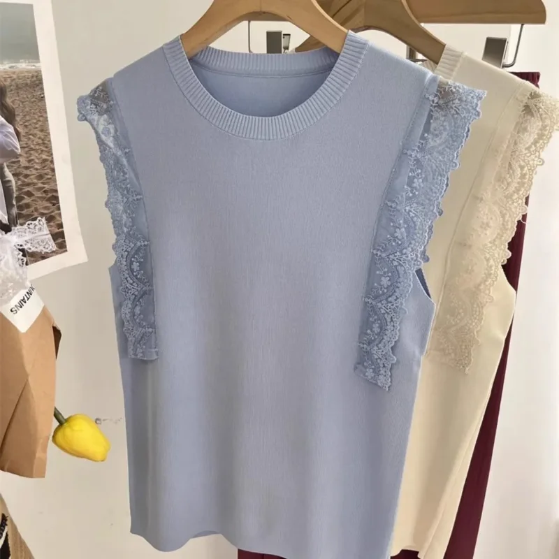 

Retro Sleeveless New Knitted Vest, Lazy and Stylish Sweater Patchwork Lace Elegant Popularity Trend Top