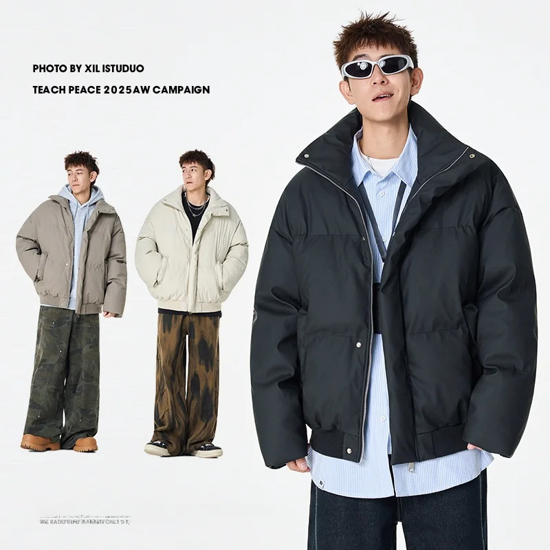 

Men's Winter Cotton Jaet ort Hard Leather Stand Collar American Sle Faion Urban Thiened Casual Outerwear Coat