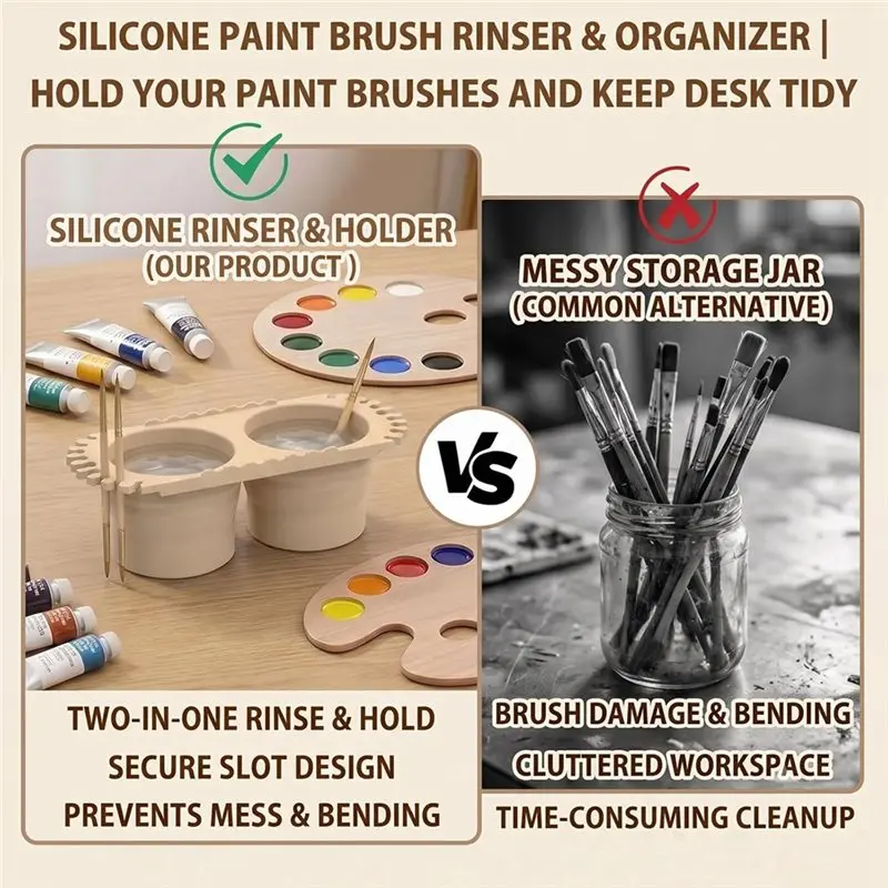[NEW!】 Beige Paint Brush Cleaner Foldable Silicone Cleaning Container Gift For Students Artists Watercolor Pen Cleaning Bucket