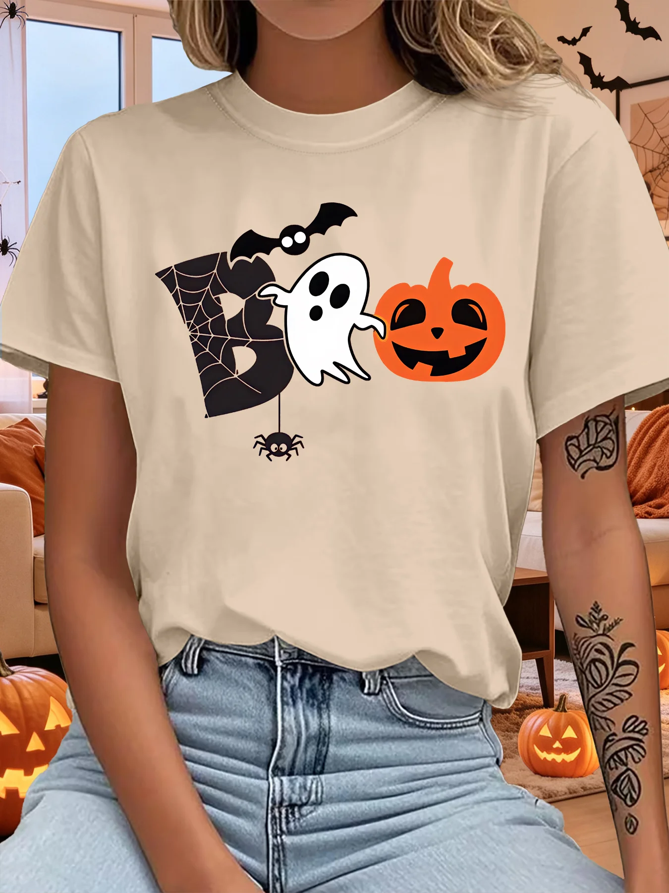 Cute Boo Ghost Pumpkin Bat Spider Web Halloween Cartoon Art Print Graphic Ladies T Shirt Short Sleeve Crew Neck Casual Tee Tops