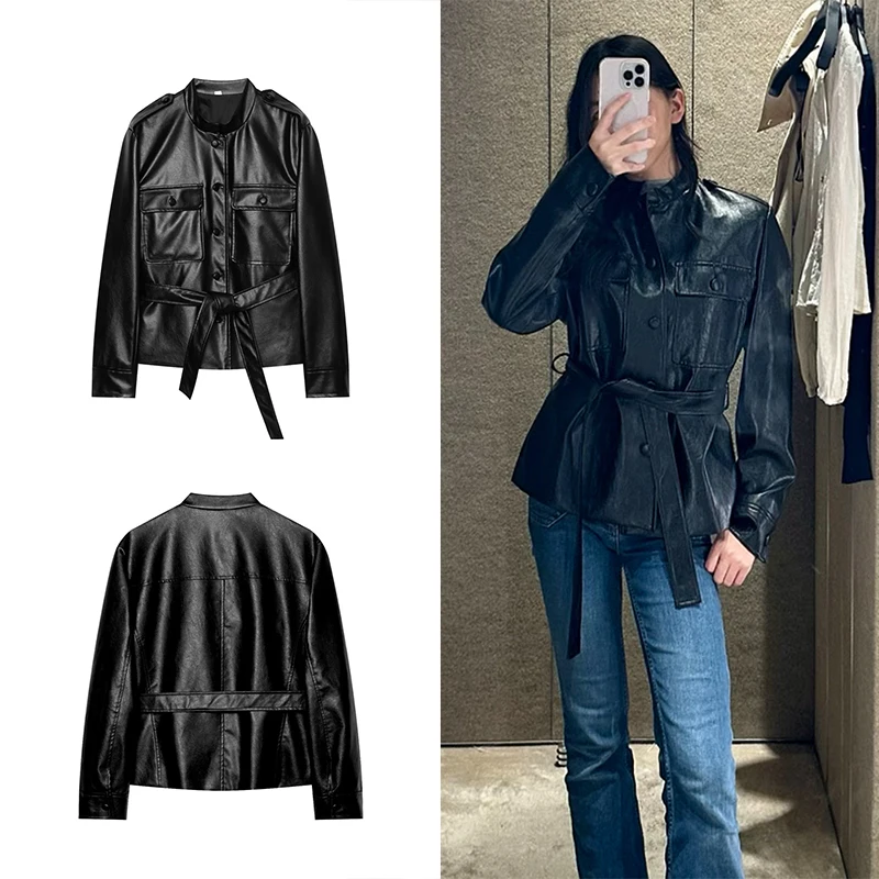 Guobioziy 2026 Autumn Women's Stand-Collar Faux Leather Jacket with Belted Waist  Multiple Pockets  Stylish Commuter Outerwear