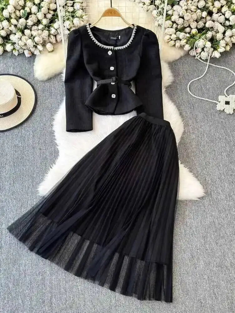 

Элегантные твидовые платья миди, юбки из двух предметов, костюмы, женские осенне-зимние однобортные куртки с кристаллами и бисером, комплекты тюлевых юбок