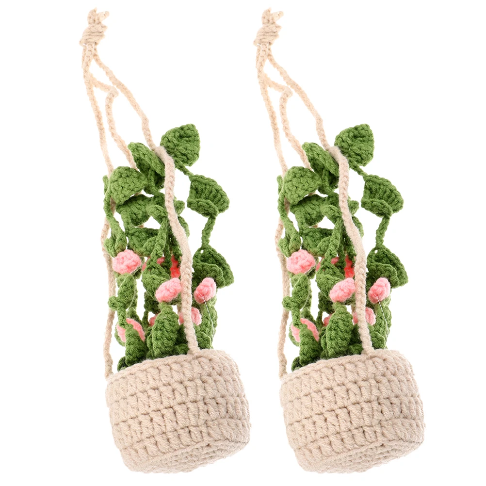 

2pcs Handmade Crochet Plant Car Ornament Aesthetic Boho Decor Cute Mirror Hanging Accessories For Women Interior Rearview Yarn