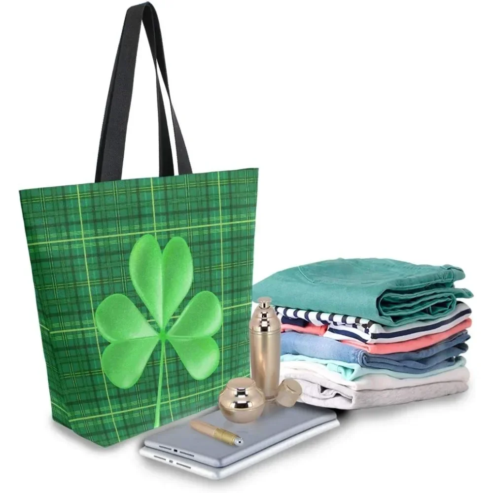 St Patrick's Day Tote Grocery Bag Shoulder Book Bag Large Shamrock Clover Bag Shopping Purse Handbag Reusable Multipurpose Use