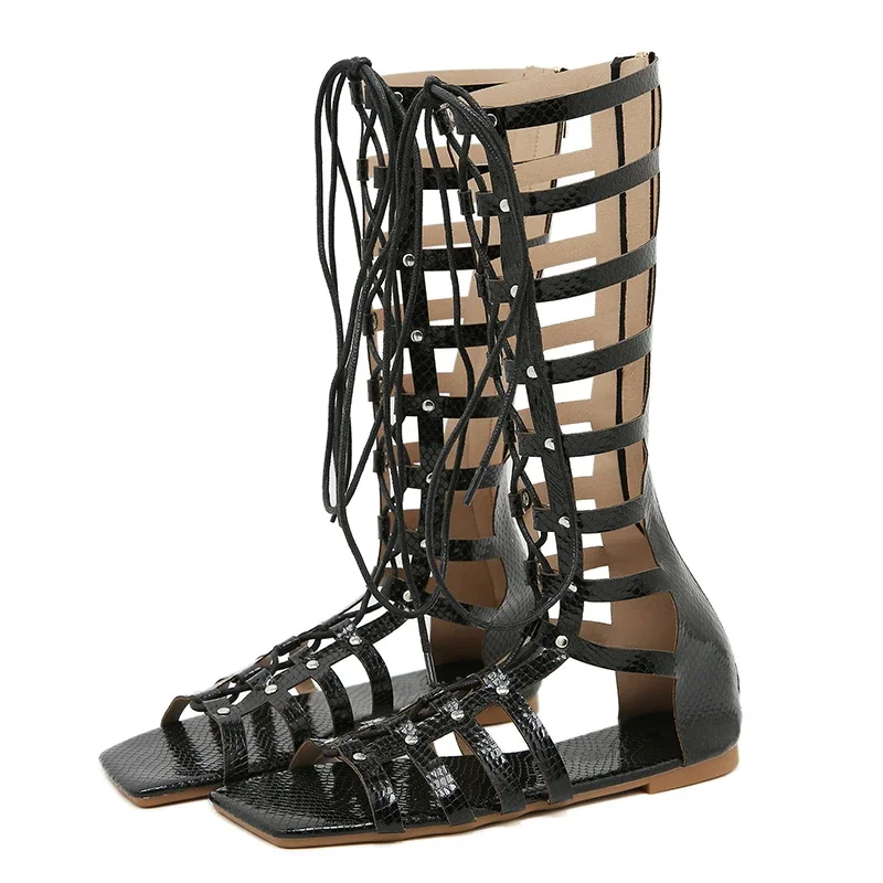 Eilyken Design Style Rivets Hollow Out T-tied Lace-up Knee-High Sandals Women Gladiator Boots Flats Heels Casual Shoes