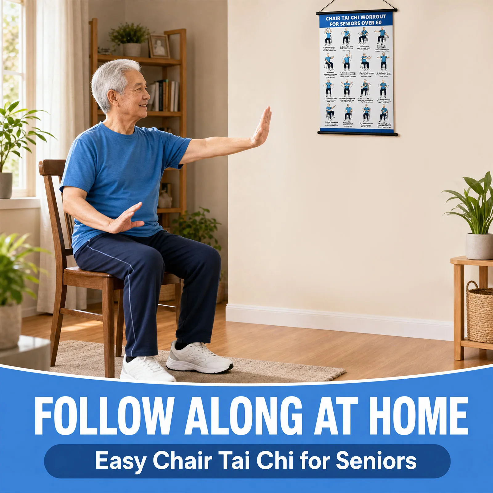 Chair Tai Chi Workout Chart for Seniors 16 Moves Home Sitting Exercise Scroll Poster for Beginners Stretching & Mobility Guide