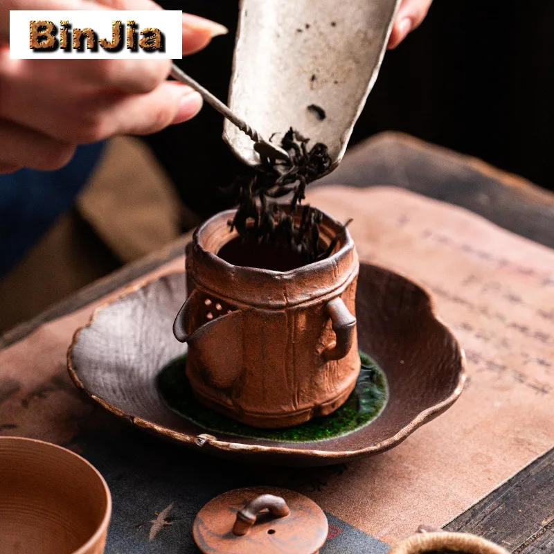 125ml Coarse Pottery Bamboo Rhythm Handheld Teapot Vintage Tea Infuser Pot Tea Soaking Kettle with Filter Cha Accessories Craft