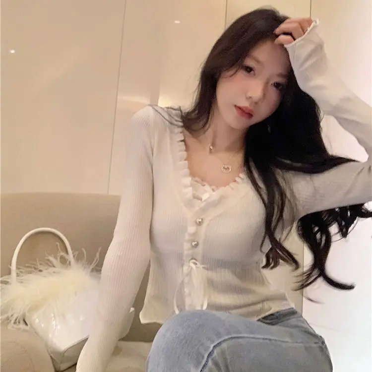 

Lace Patchwork Fake Two-piece Knitted Tops Mujer 2025 Autumn New Cardigan T-shirts Y2k Slim Fit Long Sleeve Tee Shirt Sweaters
