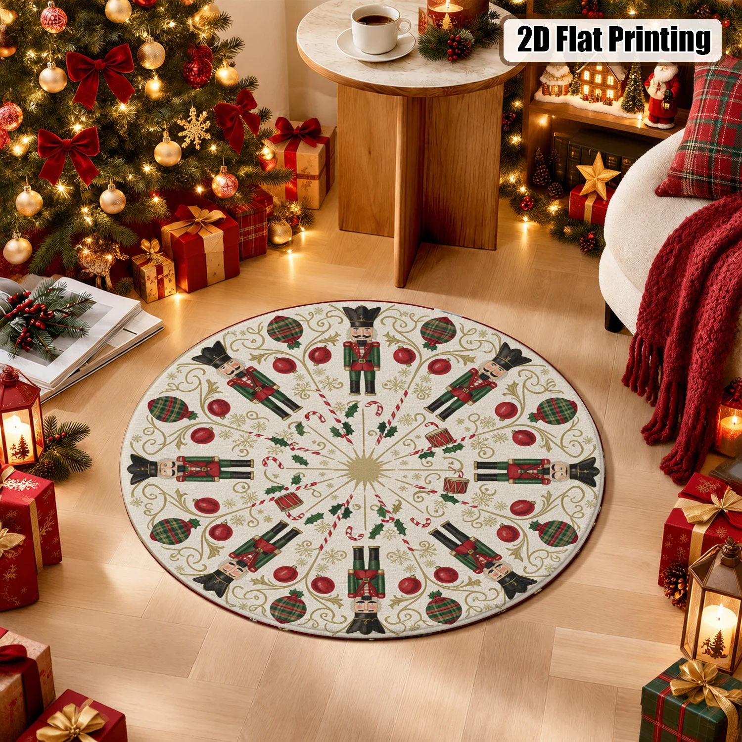 Round Nutcracker Christmas Ornament Pattern Velvet Round Area Rug Machine Washable for Living Room Dining Room Bedroom Halloween Thanksgiving Black Friday Cyber Monday Christmas New Year