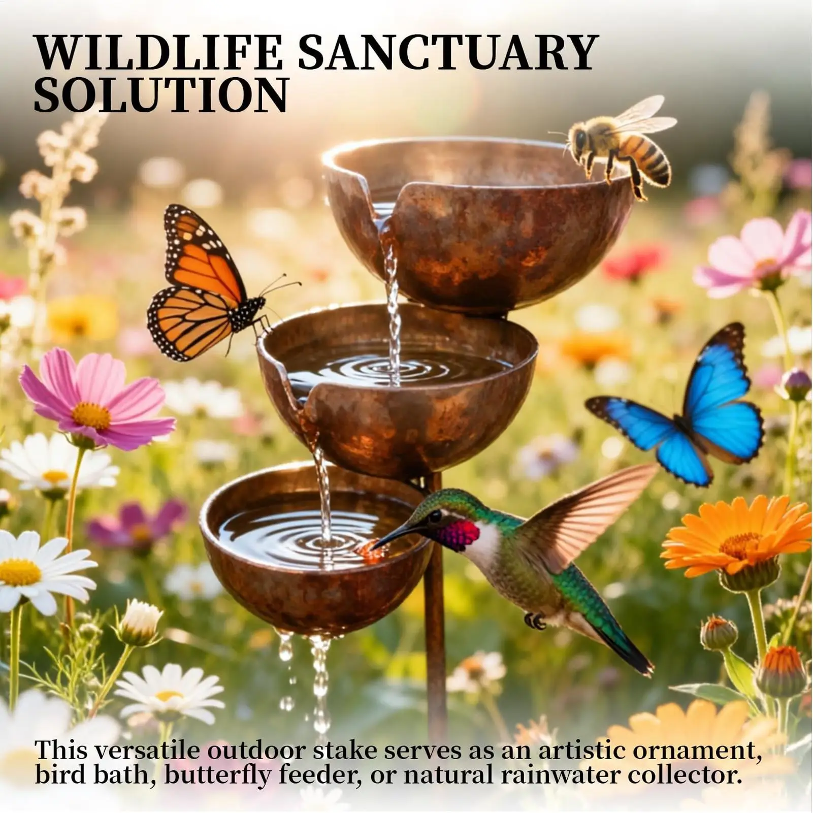 3-Layer Bird Water Bowl Rain Collector & Bird Feeder with Metal Stake Bird Water Feeding Bowl Bird Bath for Outdoor Garden Patio