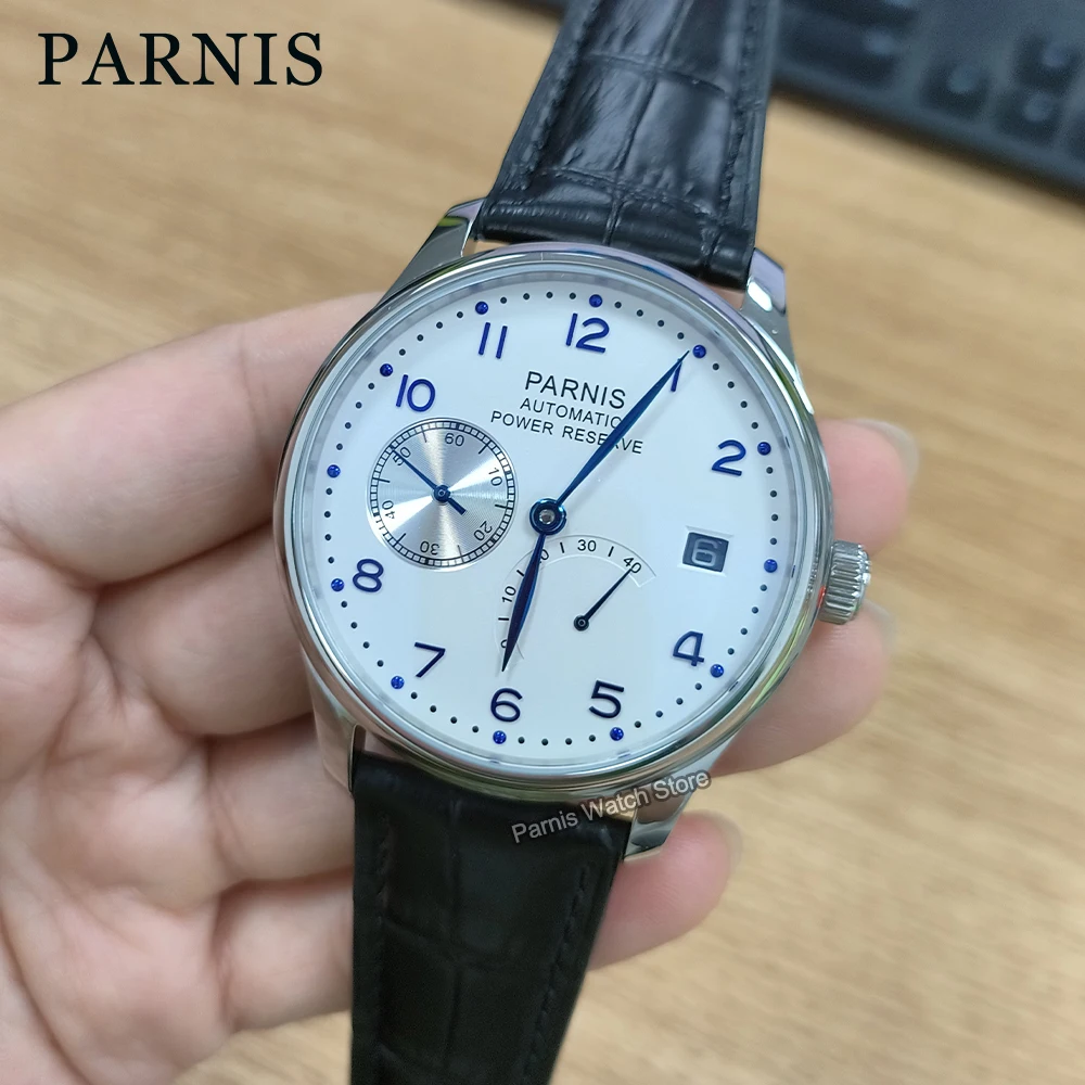 43mm Parnis Power Reserve Automatic Movement Silver Case Men Boy Mechanical Watch Small Second Blue Marks Date Display