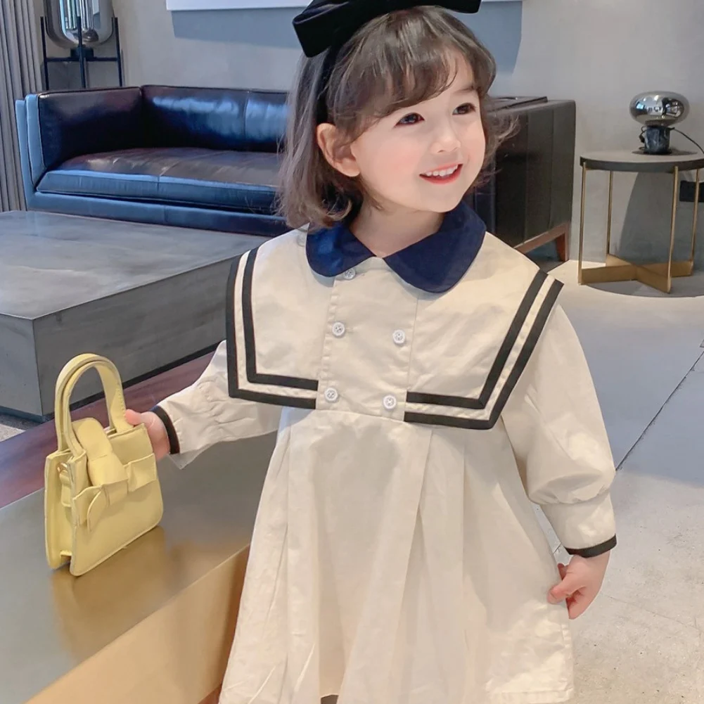 New Summer Spring Girls Dress British Style Solid Color Sailor Collar Dress Long-Sleeved Student School Dress Baby Kids Clothing