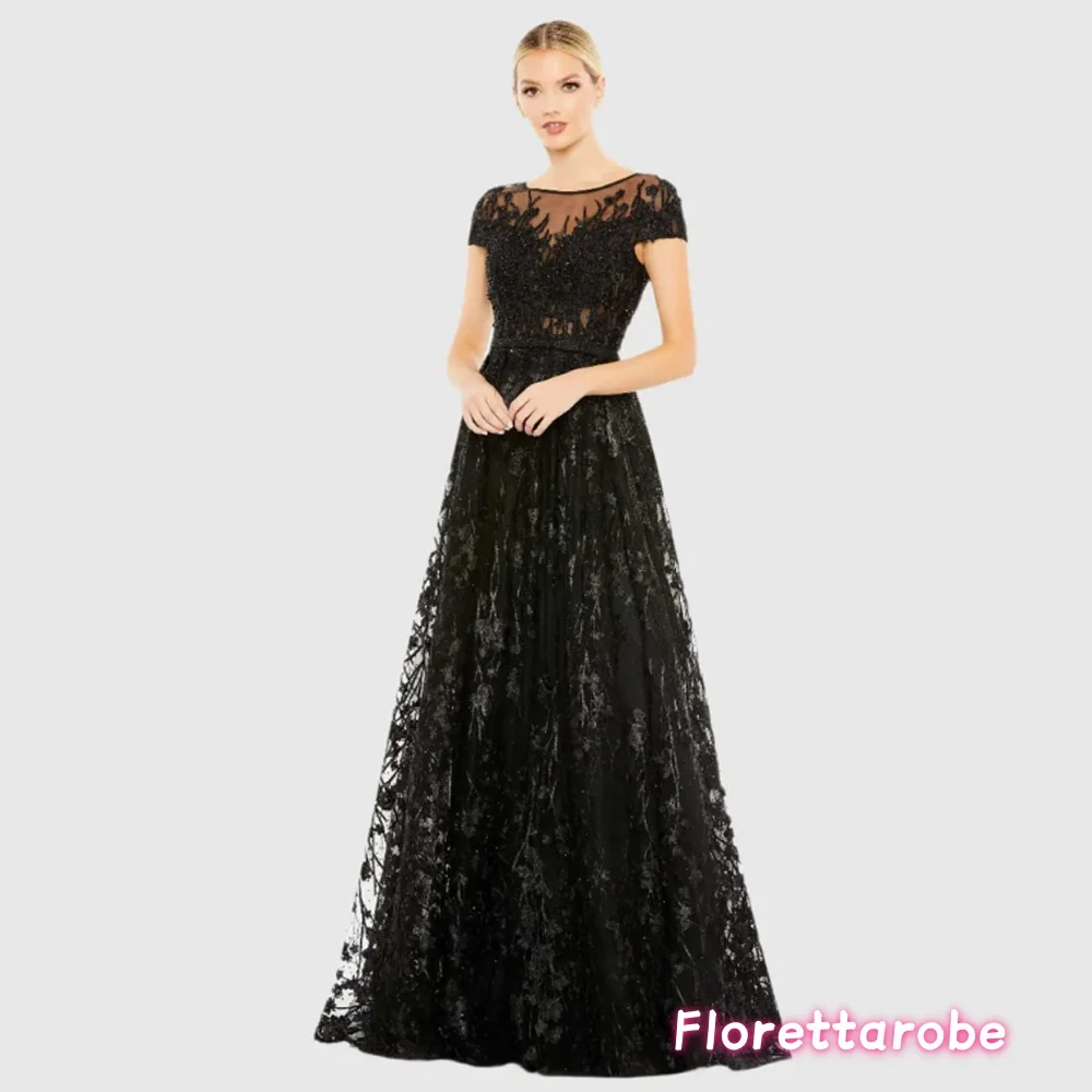 

Customized Black Lace Appliques Prom Dress Long Sleeves Celebrity Dress O Neck Women's Evening Dress A- Line Long Formal Gown