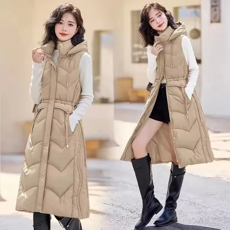 Autumn Winter Women Long Sleeveless Cotton Vest Jacket Warm Hooded Waistcoat Puffer Coat Casual Ultra Light  Down Cotton Outwear