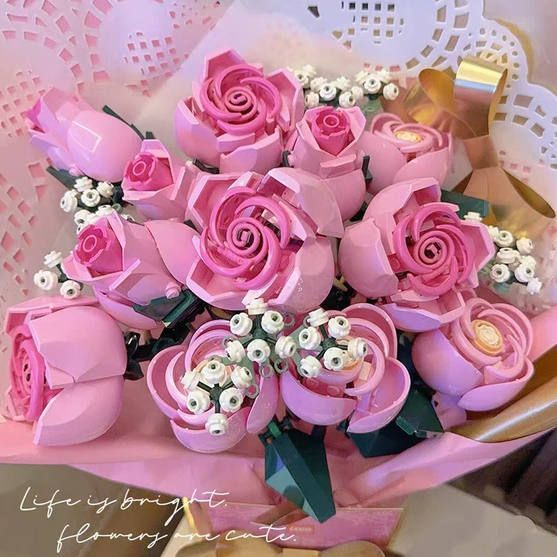 2026 nuevas extensiones periféricas Pink Stars Rose Bouquet adecuadas para regalos de Navidad compatibles con partículas Legoed 789 piezas.