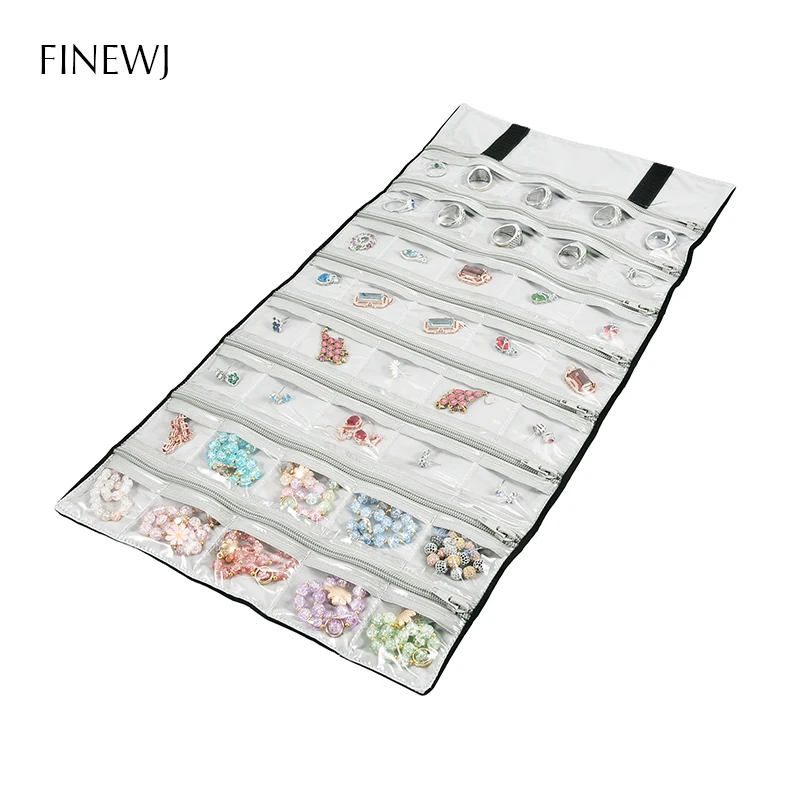 Portable Ring Earrings Jewelry Roll Up Travel Bag Clear Grids Bracelet Necklace Display Organizer Storage Carrying Zipper Pouch