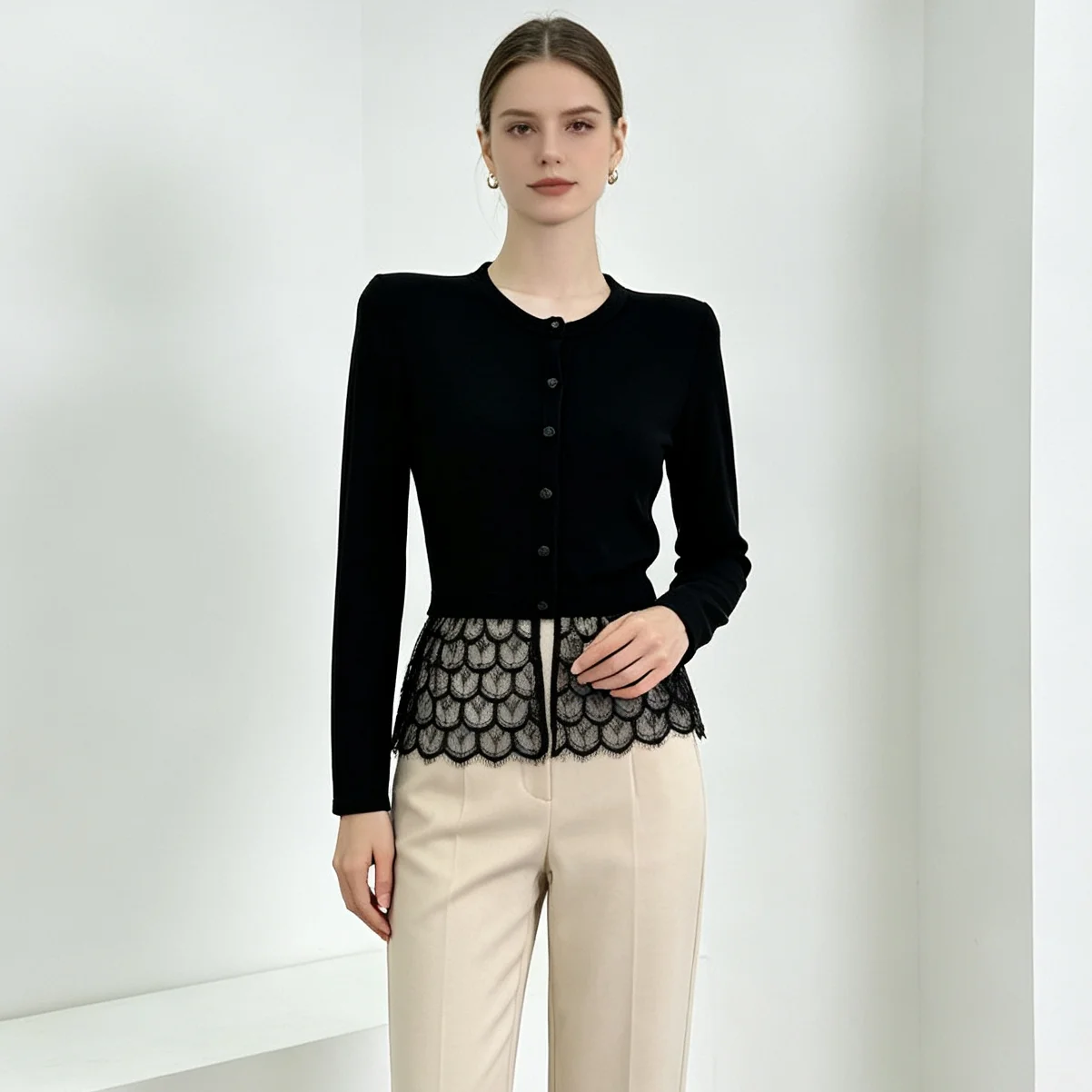 RU Round Neck Button Knit Cardigan Long Sleeve Lace Hem Spliced Slim Cropped Top Suitable For Casual Layering Outerwear