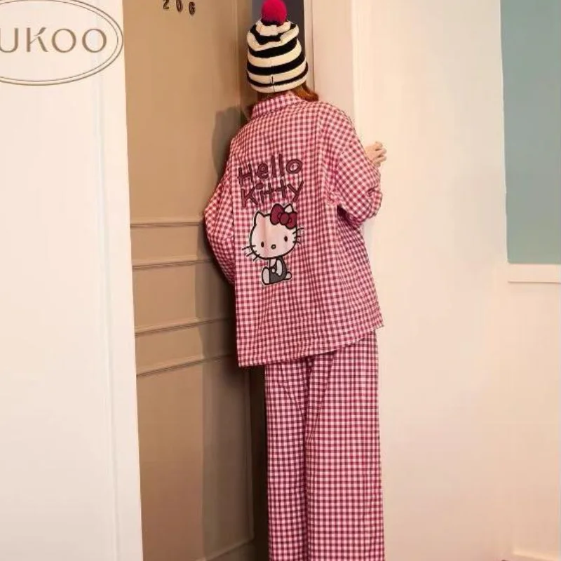 

Комплект пижамы Sanrio Hello Kitty с длинными брюками, женская домашняя одежда из чистого хлопка, новая осенняя модная красная пижама с мультяшным принтом, брюки для сна