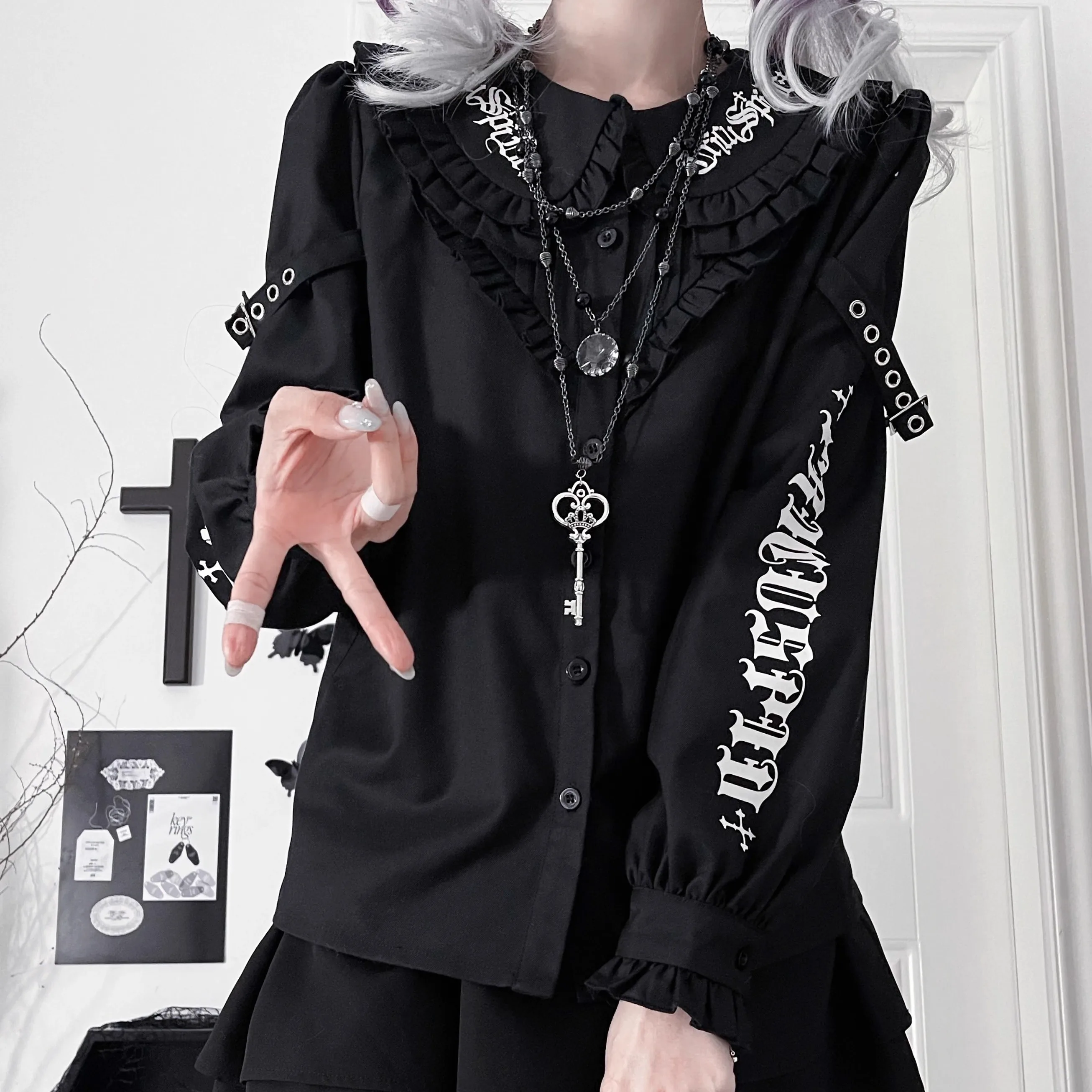 Original Y2k Printed Subculture Gothic Black White Long-sleeved Shirt Spring and Autumn Girls Sweet Cool Slim Top Blusas Mujer