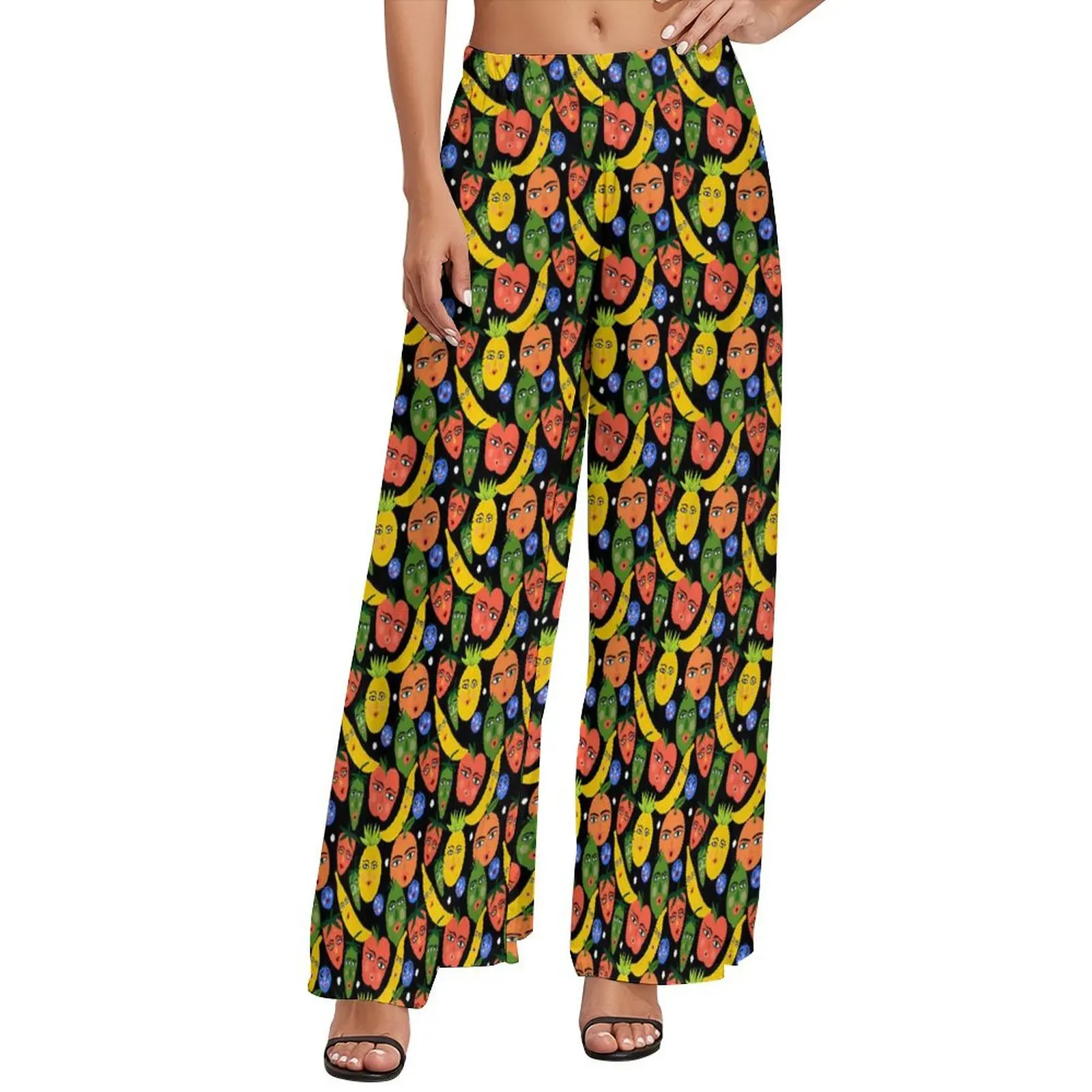 Pantaloni con stampa di frutta divertente insalata di frutta pantaloni Casual a gamba larga donna pantaloni dritti personalizzati da spiaggia oversize