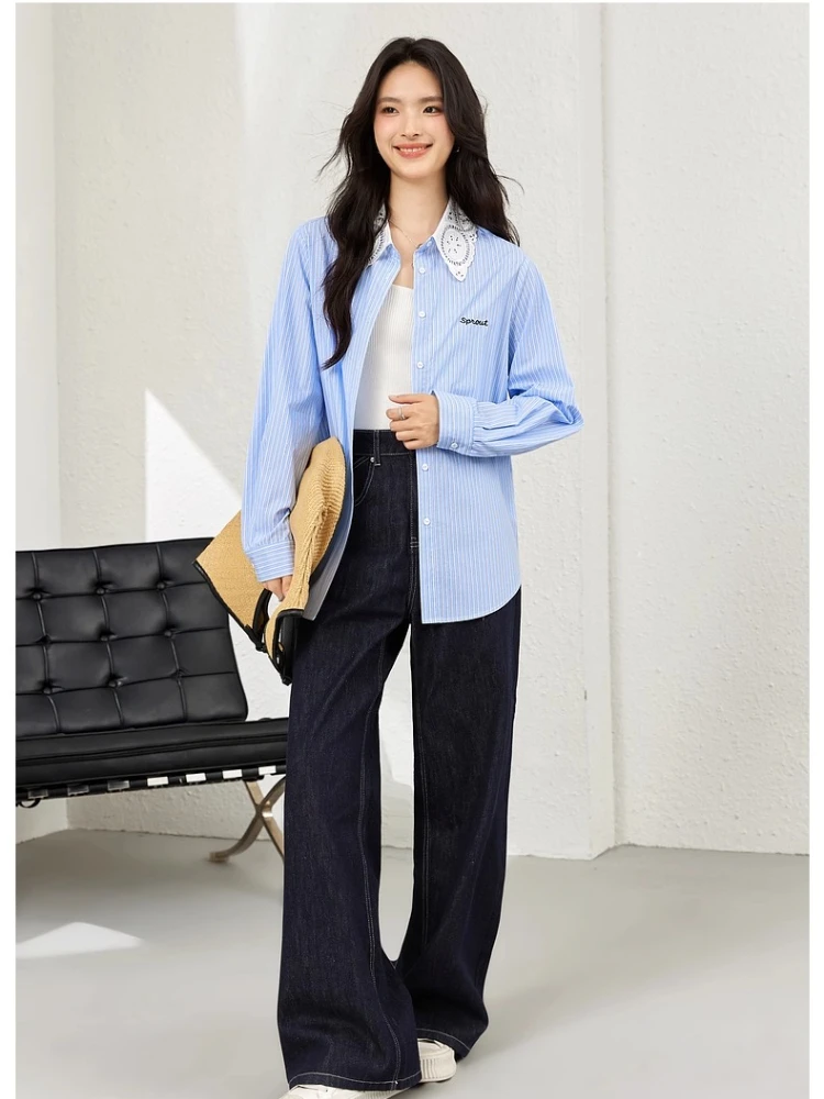 VIMLY 女性ブルーストライプシャツ 2025 春秋ファッションシックなレーストリム刺繍長袖トップオフィスウェア Cothes A1930