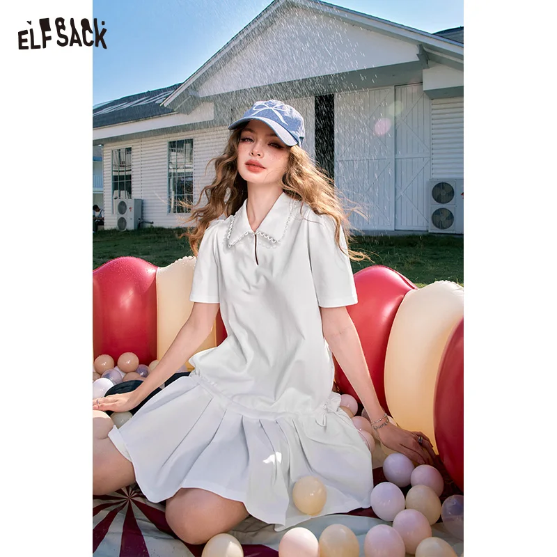 ELFSACK 2024 Summer New Arrivals White pleated preppy style cute age-reducing shirt dress for women