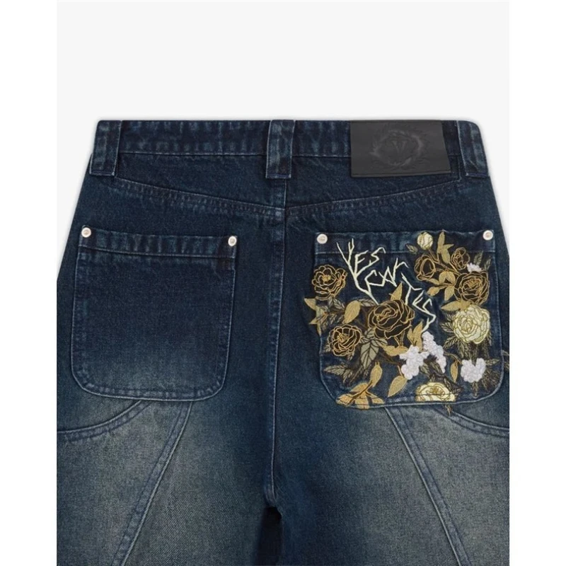 Vescartes زهر البرقوق المطرزة 2026 مستقيم الساق الجينز فضفاضة تناسب للجنسين متسابق السراويل المطرزة