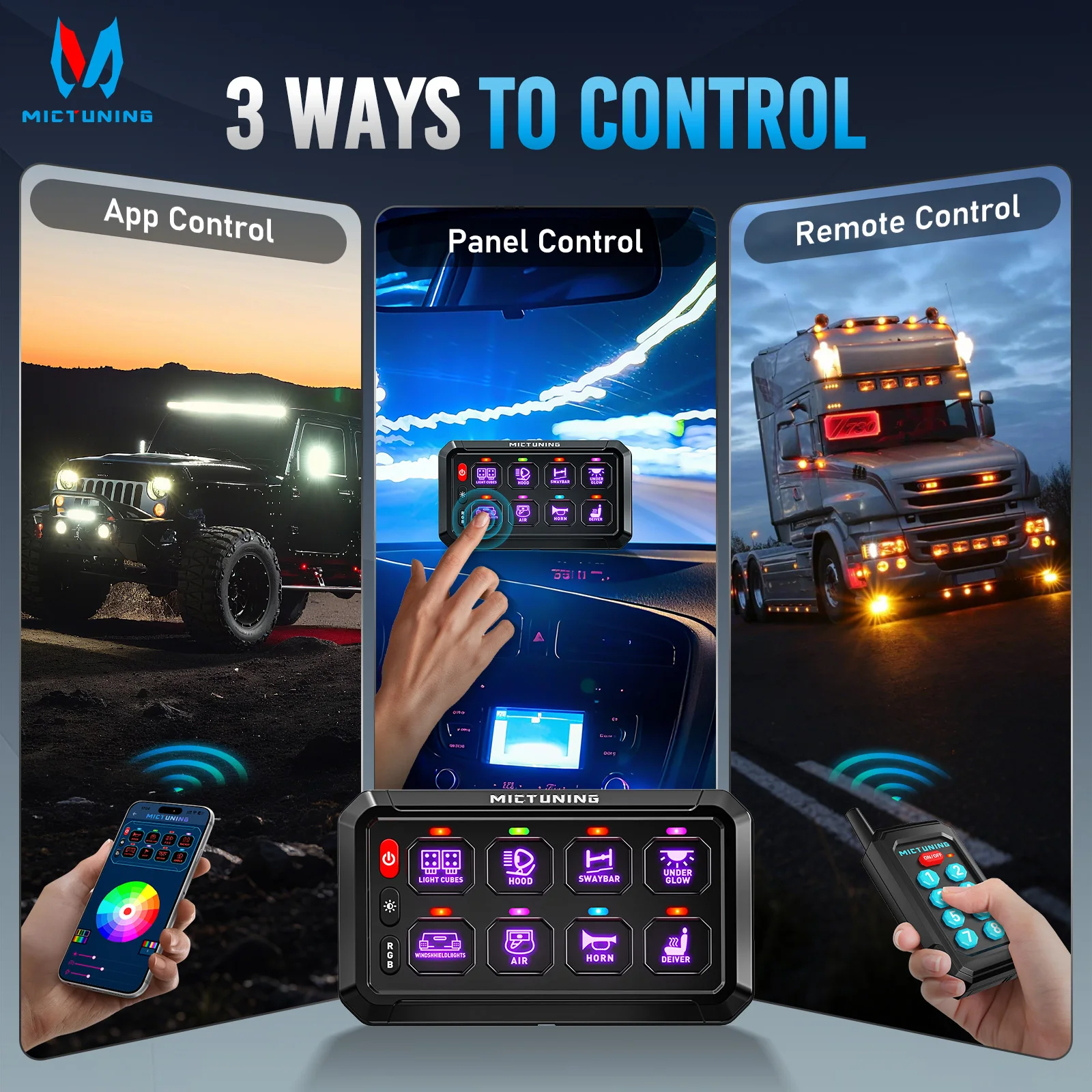 MICTUNING P1Y 8 Gang Switch Panel / Wireless Remote / App Control, RGB Colors Toggle Switch Momentary 230FT Control Relay System