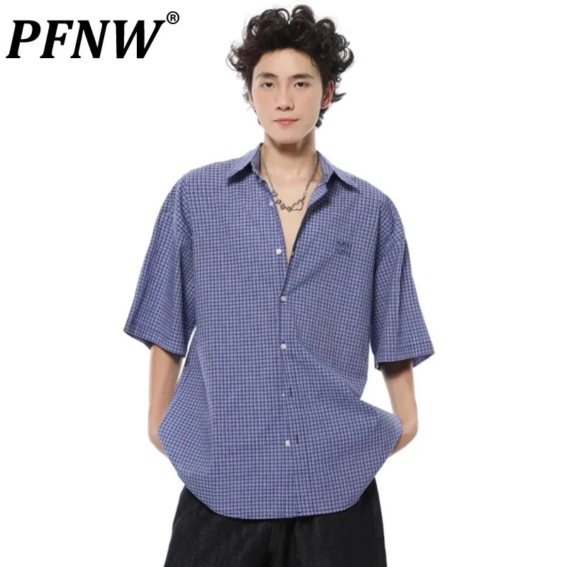 

PFNW Plaid Embroidery Shirts Male Lapel Short Sleeve Single Breasted Sunscreen Loose Casual Tops 2024 Summer Chic Trendy 28W4032