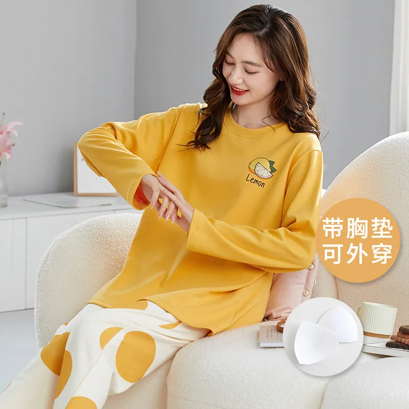 2023 New Autumn Sleepwear for Women pigiama Set con reggiseno imbottito in cotone lungo indumenti da notte 2 pezzi Set Homewear Youth Girl Pijamas