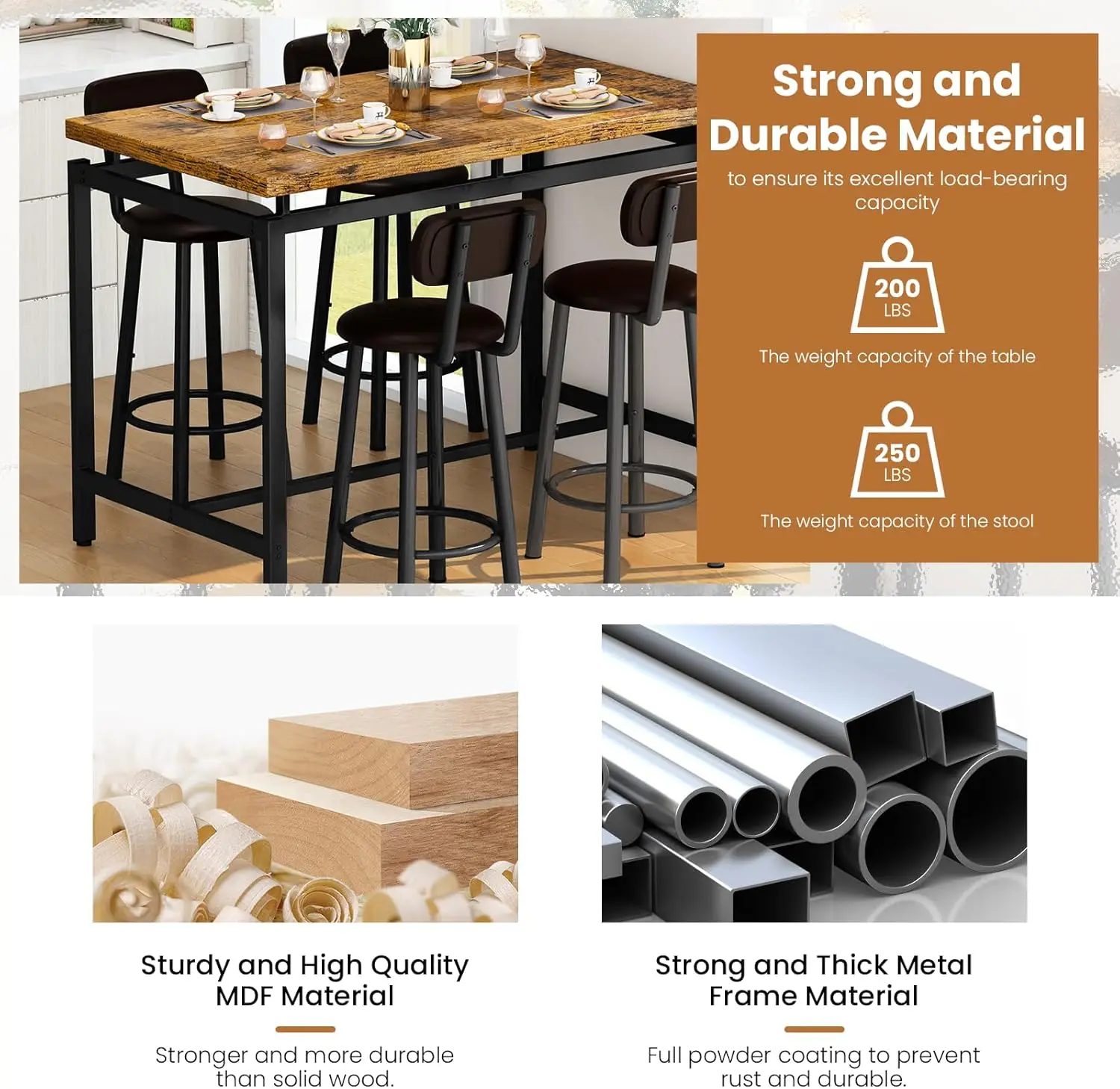 4人用バーテーブルセット、工業用カウンターハイトダイニングセット、PUレザー製スツール4脚付き