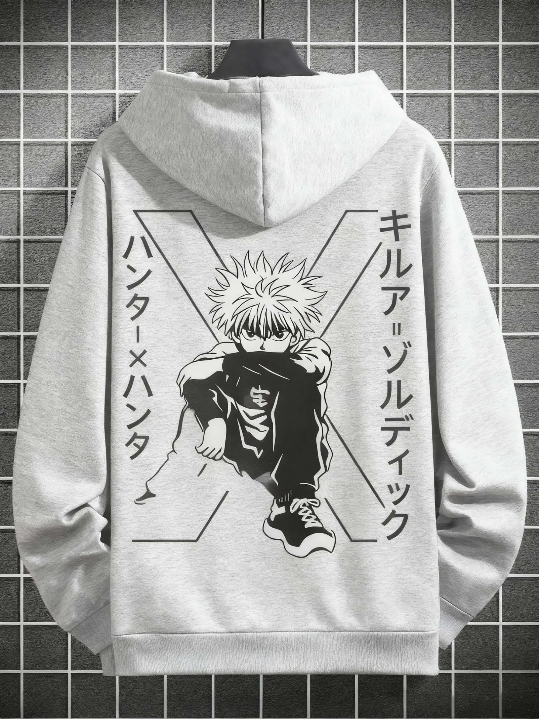 هوديي بنمط شخصية الرسوم المتحركة للرجال، بلوفر كاجوال بنص ياباني، ملابس عصرية ناعمة للشارع