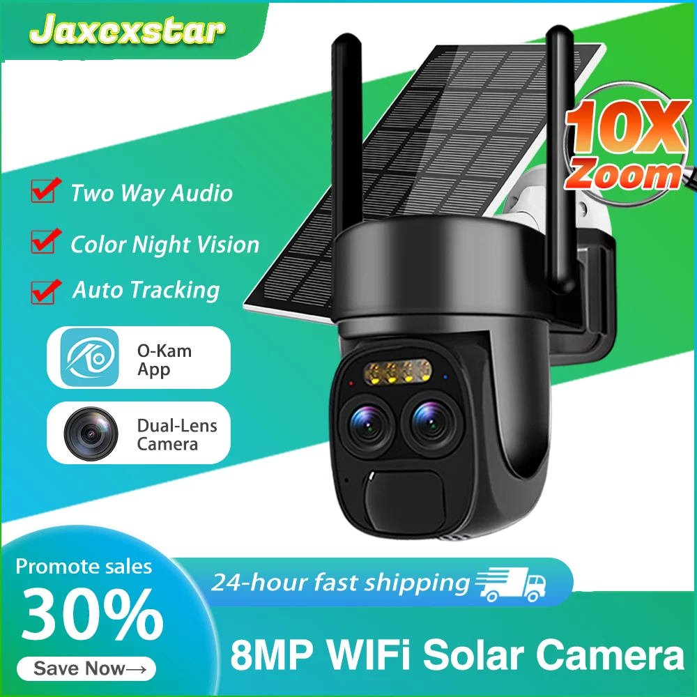 

10X Zoom Dual Lens WIFI Solar Cameras 8MP Wireless Surveillance PTZ Built-in Battery Color Night Vision Two Way Audio O-KAM APP