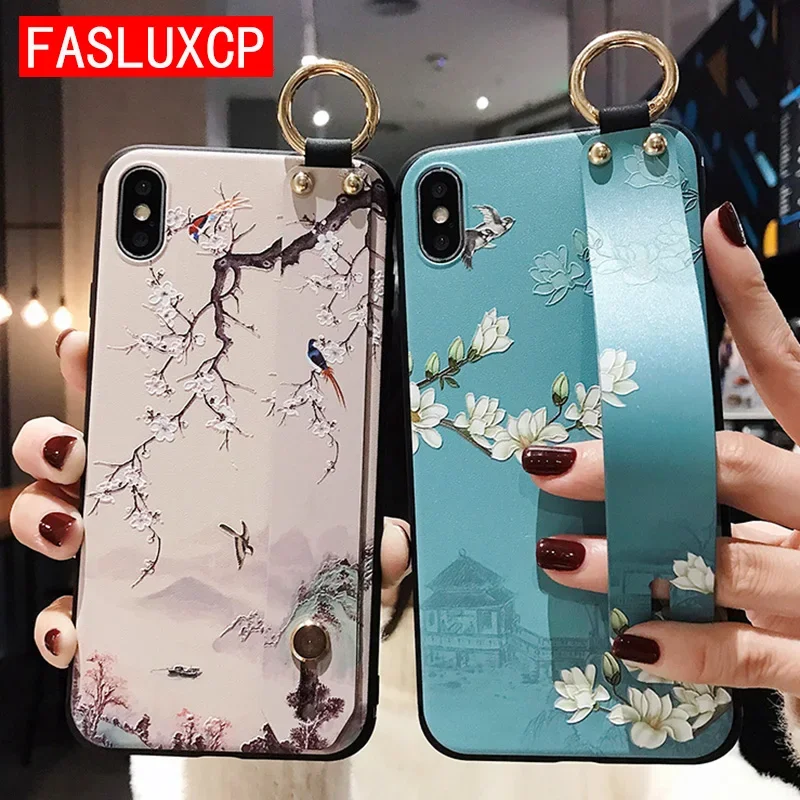 Honor 100 Pro 90 Lite 80 70 60 50 X6A Case 3D Emboss Flower Leaf Hand Band Phone Holder Cover for Huawei Nova 11 10 SE 9 9 SE