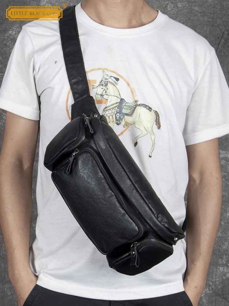 

Motorcycle Single Mens Handmade Multi Pockets Shoulder Bags Zipper Cowskin Fashion Black Chest Bag Genuine Leather Bag Handbag