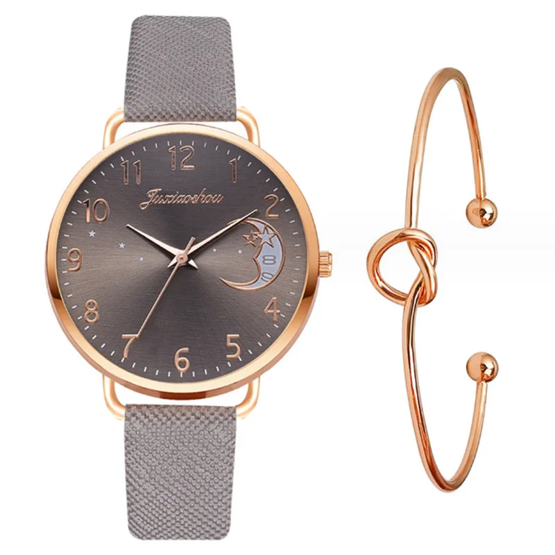 New Trendy Hot Goods Star Moon Pattern Women's Watch Minimalist Belt Student Bracelet Set Watch