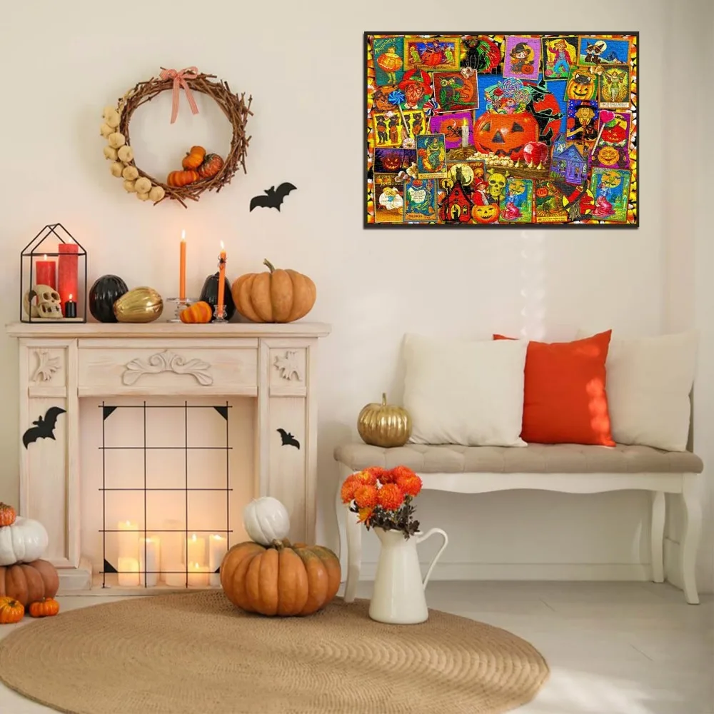 Halloween Vintage Postcard Pumpkin Lantern Jigsaw Puzzle 300 500 520 1000 1314 1500 Pieces with Candy for Party Home Decor Gift