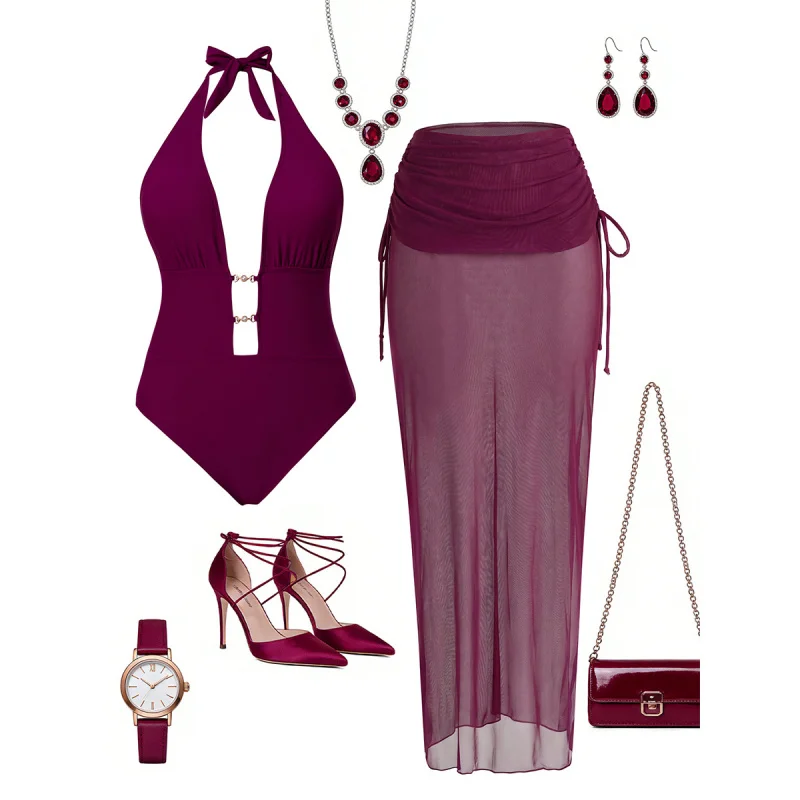 

2026NewbikiniSolid Color Tie Sexy Backless One-Piece with Cover Skirt Two-Piece Swimsuit