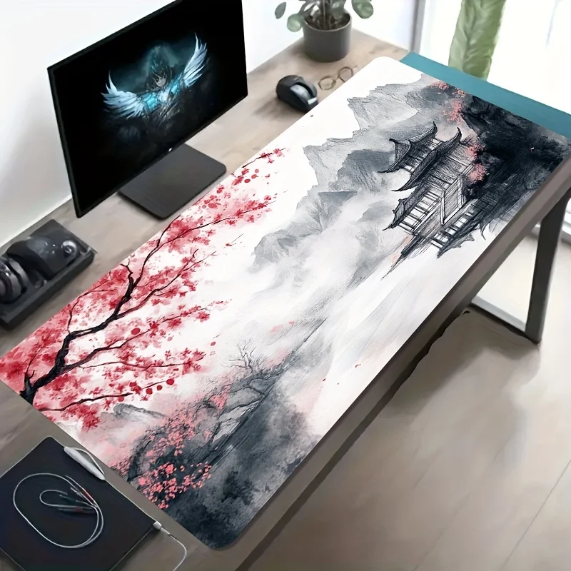 Chinese Ink Wash Cherry Blossom Gaming Mouse Pad, Large Non-Slip Desk Mat with Mountain Pavilion Print for Gamers