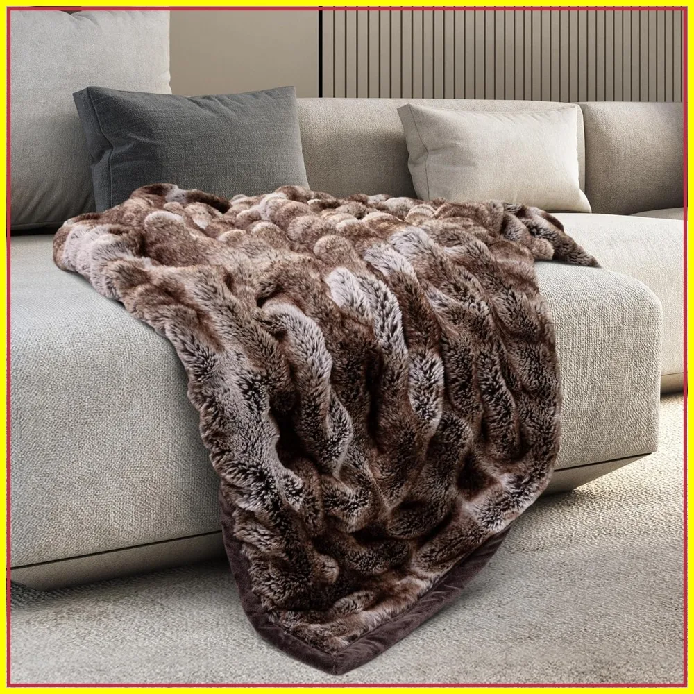 

60x70 Reversible Faux Fur Throw Blanket for Queen Bed, Couch, or Sofa, Cozy Home Decor & Living Room Comfort, Cedarwood Ruched