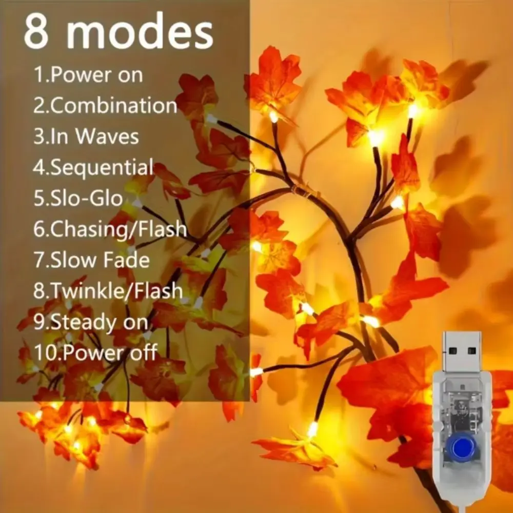 USB Powered Maple Leaf Branch Lights Bendable Vine 8 Lighting Modes Maple Leaf Garland Flexible Vine Lighted Branch Wreath